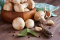 Raw mushrooms, garlic, bay leaf and pepper.pared for cooking