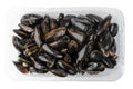 Raw Mussels in Plastic Packaging Isolated, Fresh Shellfish Seafood, Black Mussels, Raw Cold Clams on White Royalty Free Stock Photo