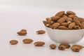 Raw natural organic Almonds in white bowl on isolate white background.Selective focus almonds. Royalty Free Stock Photo