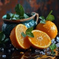 raw oranges on top of table with ice and mint, freshness and eating