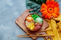 Raw Organic Ahi Tuna Poke Bowl with Rice and Veggies Royalty Free Stock Photo