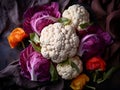 Raw Organic Cauliflower and cabbage heads Ready to Cook. Assortment of puple cabbage and white cauliflower with flowers, close up