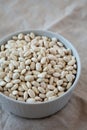 Raw Organic Dry White Beans in a Gray Bowl, side view Royalty Free Stock Photo