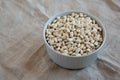 Raw Organic Dry White Beans in a Gray Bowl, side view. Space for text Royalty Free Stock Photo