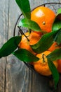 Raw organic juicy tangerines on branch with green leaves in wicker basket on barn wood table. Vitamins healthy lifestyle harvest