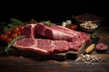 Raw organic marbled beef steaks with spices on a wooden cutting board on a black background Royalty Free Stock Photo