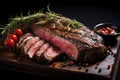 Raw organic marbled beef steaks with spices on a wooden cutting board on a black background Royalty Free Stock Photo