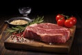 Raw organic marbled beef steaks with spices on a wooden cutting board on a black background Royalty Free Stock Photo