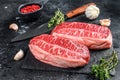 Raw organic meat Twagyu oyster top blade steak. Black background. Top view