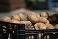 Raw organic potatoes in a plastic box at the local market counter