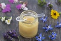Raw organic royal jelly in a small bottle Royalty Free Stock Photo