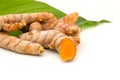 Raw organic turmeric roots with green leaves