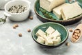 Raw organic vegetarian tofu cubes. Food recipe background. Close up Royalty Free Stock Photo