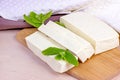 Raw organic vegetarian tofu slices with fresh mint on wooden background. Royalty Free Stock Photo