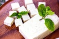 Raw organic vegetarian tofu slices with fresh mint on wooden background. Royalty Free Stock Photo