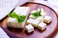 Raw organic vegetarian tofu slices with fresh mint on wooden background. Royalty Free Stock Photo