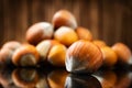 Raw Organic Whole Hazelnuts on wooden background.