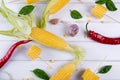 Raw Organic Yellow Corn on the Cob Ready to grill with hot chili pepper garlic and herbs. Royalty Free Stock Photo