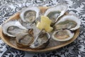 Raw oysters and a littleneck with lemon