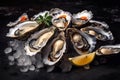 Raw oysters platter with lemon. Generate ai