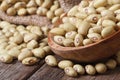 Raw pale yellow kidney beans in a wooden spoon closeup