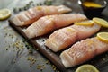 Raw pangasius fish fillet served with lemon and seasoning