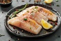 Raw pangasius fish fillet served with lemon and seasoning