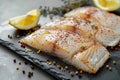 Raw pangasius fish fillet served with lemon and seasoning