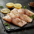 Raw pangasius fish fillet served with lemon and seasoning