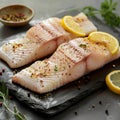 Raw pangasius fish fillet served with lemon and seasoning