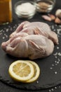 Raw partridge meat on kitchen, cooking gourmet wild bird. Healthy diet recipe