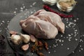 Raw partridge meat on kitchen, cooking gourmet wild bird. Healthy diet recipe