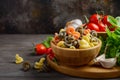 Raw pasta with fresh cherry tomatoes, basil, chili pepper and garlic for Italian food. Royalty Free Stock Photo