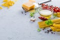 Raw pasta ingredients background Royalty Free Stock Photo