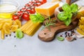 Raw pasta ingredients background Royalty Free Stock Photo