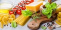 Raw pasta ingredients background Royalty Free Stock Photo