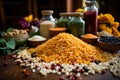 Raw pasta with ingredients for cooking on wooden table. Selective focus. Royalty Free Stock Photo