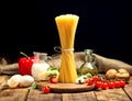 Raw pasta ingredients on wooden table close up Royalty Free Stock Photo