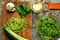 Raw pasta with zucchini and spinach pesto with garlic