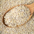 Raw pearl barley groats in wooden spoon closeup Royalty Free Stock Photo