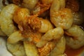 Raw and peeled shrimp or prawns close display with selective focus, ready to cook view. Royalty Free Stock Photo