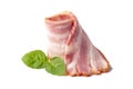 Raw piece of fresh bacon with basil leaf green isolated on a white background Royalty Free Stock Photo