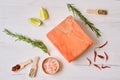 Raw pieces of salmon pressed in briquette