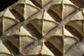 Raw pies in the form of squares in rows on a baking cart Royalty Free Stock Photo