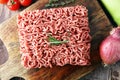 Raw pork and beef ground meat and vegetables. Royalty Free Stock Photo