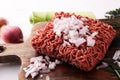 Raw pork and beef ground meat and vegetables. Royalty Free Stock Photo