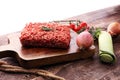 Raw pork and beef ground meat and vegetables. Royalty Free Stock Photo