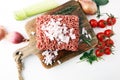 Raw pork and beef ground meat and vegetables. Royalty Free Stock Photo