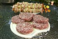 Raw pork and beef meat prepared for hamburgers on white rounded cutting board, chicken skewers on background, ready for grill Royalty Free Stock Photo