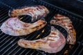 Raw Pork chops cooked on gas  barbecue grill Royalty Free Stock Photo